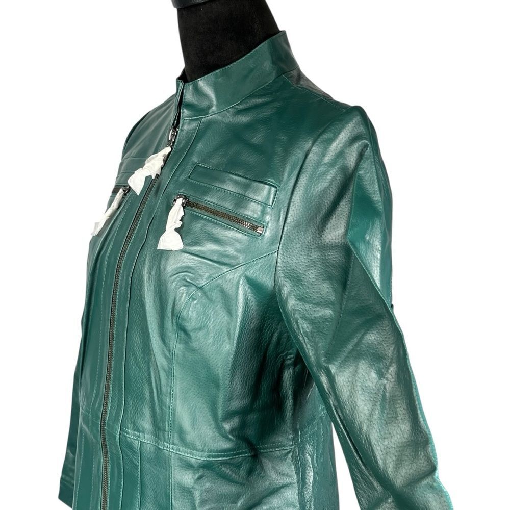 Metrostyle Green Leather Jacket Coat Long Trench A-line Glossy Women’s Size 10 - Picture 4 of 14